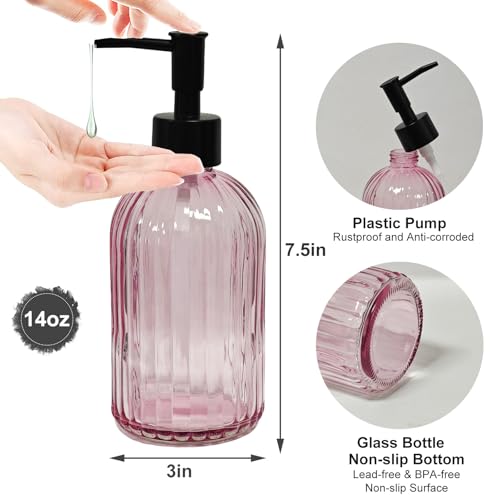 Black Pump Glass Soap Dispenser, 13.5oz Stripe Countertop Refillable Liquid Bottle Hand Dish Lotion Dispenser with Plastic Pump, for Kitchen, Bathroom Countertop - color: Rose Red