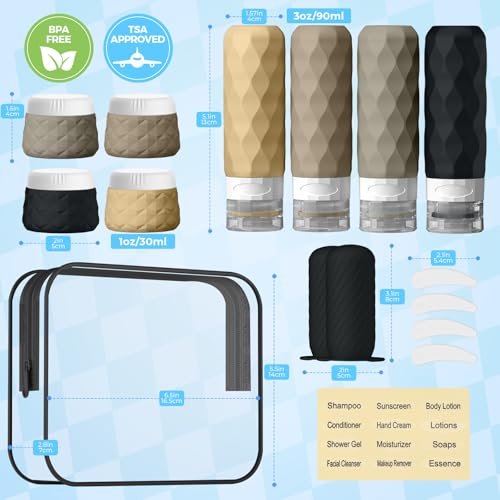 16Pack Travel Bottles for Toiletries, TSA Approved Travel Size Toiletries Containers Set, Silicone Leak Proof Refillable Bottles Elastic Sleeves Creams Jars Accessories Kit W/Clear Bag (Apricot Black) - color: Apricot Black