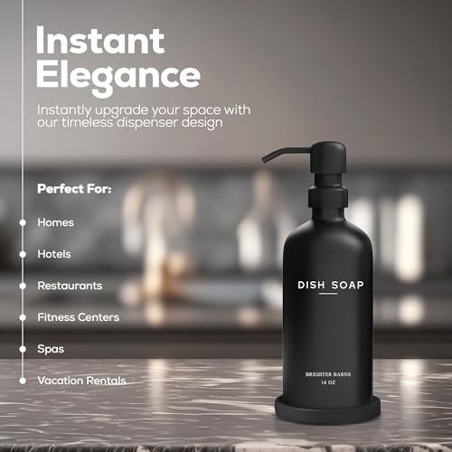 Black Glass Dish Soap Dispenser for Kitchen Sink by Brighter Barns - Modern Kitchen Soap Dispenser Set with Tray and Stainless Steel Pump - Modern Decor for Vacation Rental, Restaurants, Gifts (Black) - color: Black D