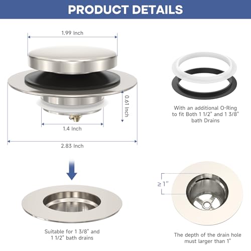 Brushed Nickel Universal Tip Toe Tub Stopper, Pop Up Bathtub Drains Plug, Bathroom Bath Tub Drain Stoppers, Conversion Kit Assembly, Replaces Lift and Turn, Tip-Toe and Trip Lever drains for Tub - color: Brushed Nickel