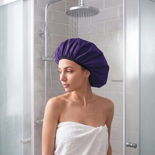 Extra Large Shower Cap for Women, Reusable Waterproof Shower Bonnet with Satin Lining, Double Layer Washable Bath Hair Cap for Braids, Locs, Long Thick Curly Hair, Natural Hair(Big Dark Purple) - color: Dark Purple