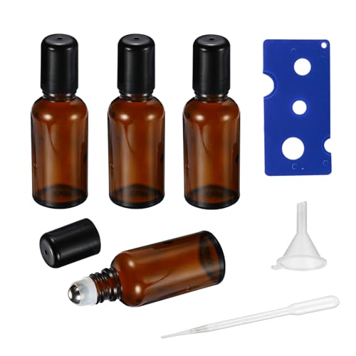 20ML Roller Bottles for Essential Oil, 4 Pack Empty Amber Glass Roller Bottle for Perfume Oil, Roll on Bottles with Stainless Steel Roller Balls, Opener, Funnel and Dropper - size: 20ml_4pcs