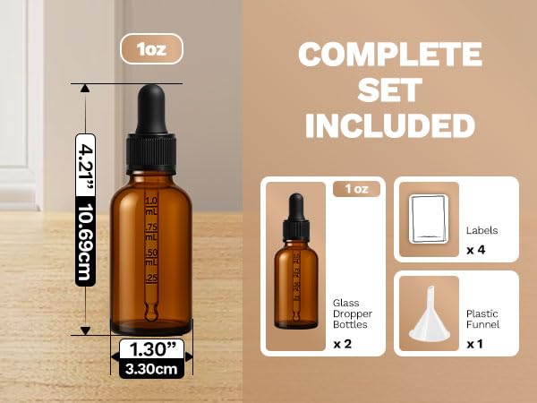 Bumobum Dropper Bottle 1 oz, 2 pack Amber Glass Eye Dropper Bottles with Labels and Funnel, Tincture Bottle with Measured Dropper - Leakproof Essential Oils Bottles for Health, Personal Care & Beauty - color: Amber 1 oz