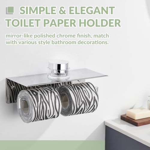 APLusee Double Toilet Paper Holder with Phone Shelf, 304 Stainless Steel Bathroom Tissue Hanger, Wall Mounted Dual Roll Paper Dispenser, Polished Chrome - color: Polished Chrome, size: Double Rod