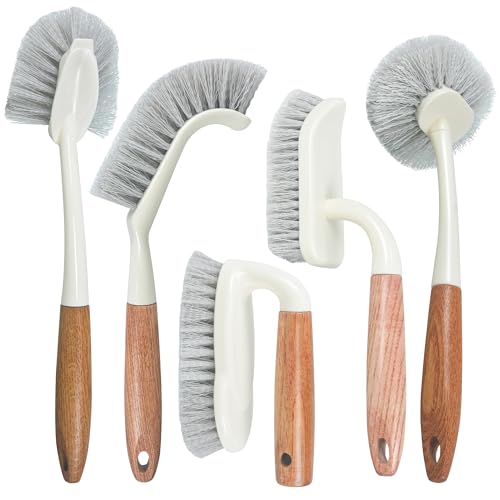 5-Pack Heavy Duty Scrub Brushes Set with Wooden Handles, Multi-Surface Scrubber for Kitchen, Bathroom, Tile & Grout, Includes Spherical, Triangle, Square & Dish Brush for Stubborn Stains