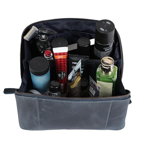 KomalC Luxury Leather Men’s Toiletry Travel Bag – Handmade Shaving Kit with Waterproof Interior, Spacious Storage & Carry Handle – leather travel Kit Bag for Men & Women (Blue) - color: Blue