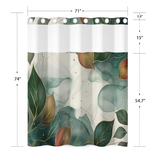 Abstract Botanical Shower Curtain with Snap in Liner - Boho Green Leaf Art Print Bathroom Shower Curtain No Hooks, Waterproof Double Layer Bath Curtain with Mesh Top Window, 71″W x 74″L - color: Cyan Leaves
