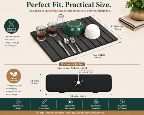 Stone Dish Drying Mat for Kitchen with Sink Splash Guard Counter, Foldable Quick Dry Dish Drying Mats, Absorbent Diatomaceous Earth Stone Drying Mats for Plate Rack Bottles Cups (Gray, 18"L×12"W)