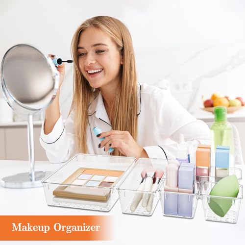 SpaceHacks 25 PCS Plastic Drawer Organizer Set, 4-Size Versatile Organizer Trays & storage Bins for Makeup, Jewelry, and Gadgets in Bathroom, Bedroom and Office,Clear White - color: Clear