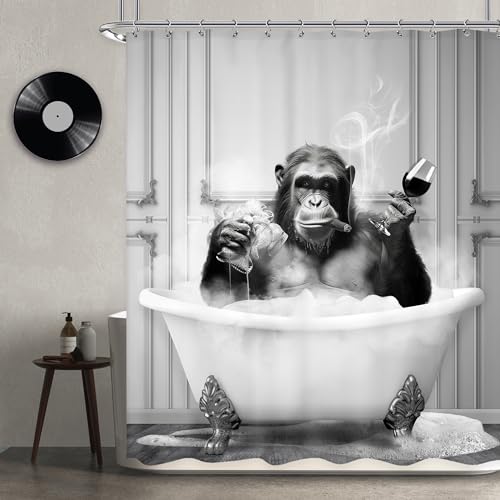 Newsely Funny Monkey Shower Curtain 72Wx72H Inch Chimpanzee in Bathtub Black White Animal Wildlife Boys Men Shower Curtain Bathroom Set Modern Cool Waterproof Bath Decoration Accessories Home Decor - color: A-monkey, size: 72"W x 72"L (Pack of 1)