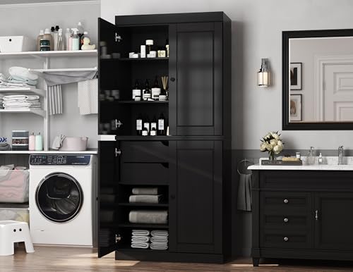 Palace Imports Solid Wood Tall Bathroom Pantry Cabinet with 4 Wooden Doors & Adjustable Shelves, Black - 100% Eco-Friendly, Renewable, Space-Saving Storage, 71.5" H x 32" W, Made in Brazil - color: Black