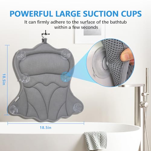REEZEIVI Bath Pillows for Tub,Bath Pillow with 6 Non-Slip Suction Cups,Soft 4D Mesh Fabric,Bathtub Pillows for Tub Neck and Back Support,Extra Thick Luxury Bathtub Pillows,Grey - color: Grey
