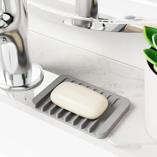 4-Pack Self Draining Soap Dish for Shower Bathroom Waterfall Silicone Soap Saver Tray Sponge Holder for Kitchen Sink Non-Slip Easy Clean (White and Gray) - color: White and Gray