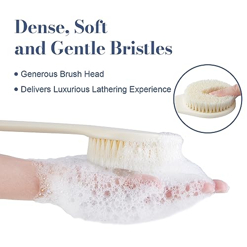 Back Scrubber for Shower, Shower Body Brush for Cleaning with Long Handle for Showering, 17 Inch Back Washer Exfoliator for Shower Men Women with Non-Slip Handle, Adhesive Hook (Cream White) - size: Cream White - Artificial Bristles