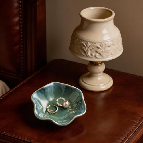 Ceramic Lotus Leaf Trinket Dish, Ring Holder for Jewelry | Keeps earrings, necklaces, keys, and keepsakes handy on vanities or nightstands, a sweet gift for moms, sisters, and friends - color: green