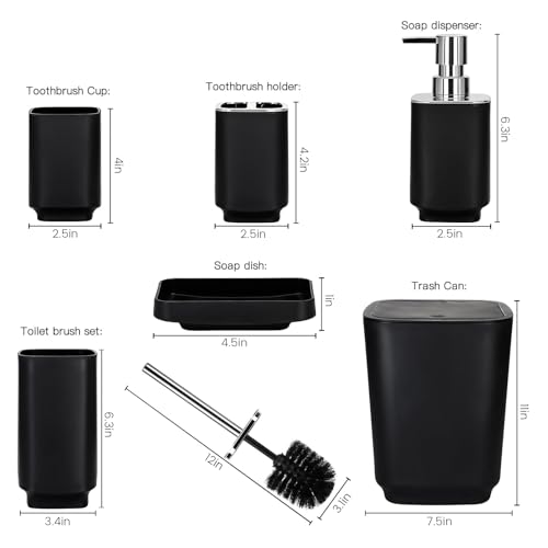 Bathroom Accessory Set 6 Piece Bathroom Accessories Set with Toothbrush Holder&Cup,Soap Dispenser& Dish,Toilet Brush Holder,Trash Can Plastic Gift Set for Bathroom Decorative Countertop (Black - color: Black