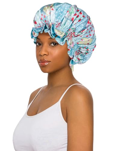Floral Satin Bonnet with Scrunchie Set,Double Layer Ruffle Reusable Sleeping Shower Cap for Curly Hair Blue-strawberries - color: Blue-strawberries