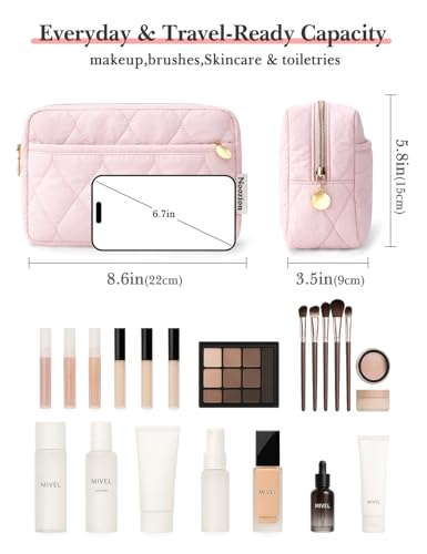 Noozion Makeup Bag Travel Toiletry Bag, Puffy Padded Cosmetic Bag for Women, Makeup Organizer Case, Wide-open Pouch Purse, Travel Essentials - color: Pink