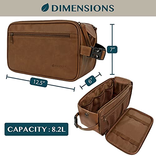 PAVILIA Toiletry Bag for Men, Travel Essentials Shaving Dopp Kit, Mens Travel Bag Toiletries Organizer Case for Grooming, PU Leather Water Resistant Cosmetic Bag Pouch (XL, Brown) - color: Brown, size: Extra Large (12x6x7)