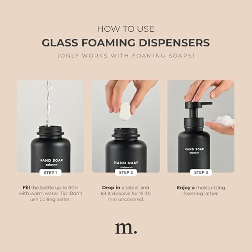 MaisoNovo Glass Foaming Soap Dispenser 14 Oz | Glass Bottles Pumps x 2 Black with Tray - color: Black Bottles/Black Plastic Pumps/Ceramic Tray