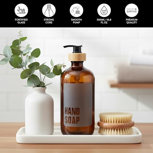SAVVY & SORTED Amber Glass Hand Soap Dispenser for Bathroom, Kitchen Hand Soap Bottle with Label, Refillable Glass Bottle for Liquid Wash, Matching Dish Soap Dispenser Available, 17 Fl Oz / 500 ml - color: Amber - Hand Soap 500 Ml