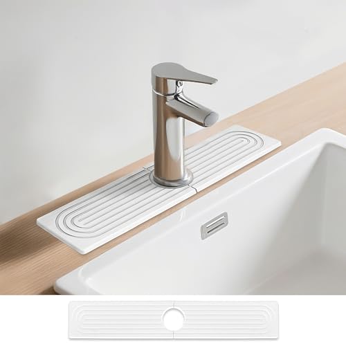 15.8"x3.9" Stone Faucet Mat for Kitchen Sink, Diatomite Quick Dry Kitchen Sink Splash Guard Water Absorbent Drying Mat, Drying Stone Sink Tray for Bathroom Counter, White