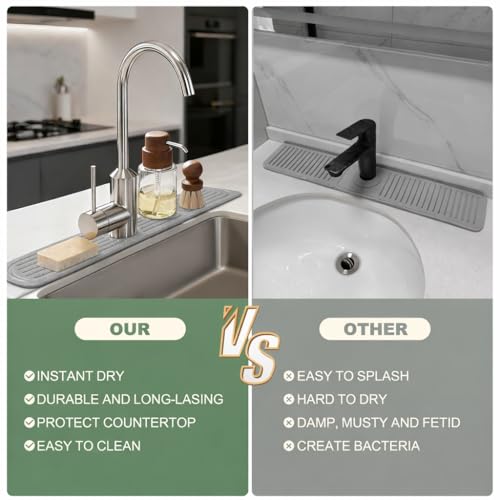 Faucet Mat for Kitchen Sink, Diatomite Quick Drying Stone Mat & Sink Protector, 15.8" x 4" Kitchen Sink Splash Guard, Absorbing Stone Tray for Bathroom Counter (Dark Gray)