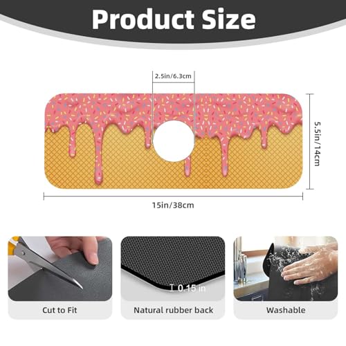 Ice Cream Waffle Cherry Flavor Yummy Summer Dessert 15" X 5.5" Kitchen Sink Splash Guard Faucet Faucet Guard Draining Mat Sink Splash Guard Faucet Kitchen Bathroom - color: Ice Cream Waffle Cherry Flavor Yummy Summer Dessert