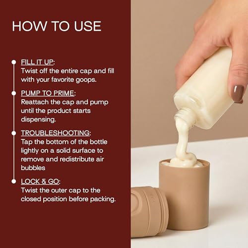 RIES Essential Refillable Toiletry Travel Bottles Airless Pump Set | TSA Approved, Leak Proof Airless Pump, BPA Free Recycled Plastic, 5 Piece Sand Color Set, Dishwasher Safe - color: Sand