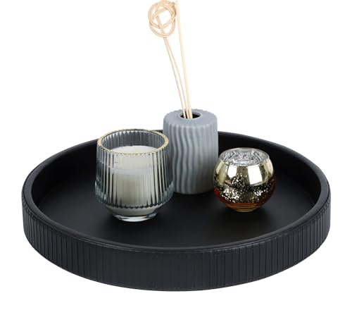 HofferRuffer Round Decorative Tray, Faux Leather Vanity Tray Decor, Decorative Catchall for Perfume, Bathroom Valet, Nightstand or Dresser (Black Stripe, Round-12" x 12" x 1.6") - color: Black Stripe