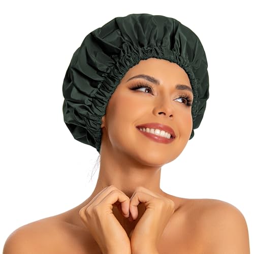Edoneery Reusable Shower Caps for Women, Waterproof Long Hair Bonnet | Washable Design, Wide Elastic Band, Large Fit, Holds Long Hair, Braids Friendly, Bath Accessories, Spa, Travel - color: Dark Green