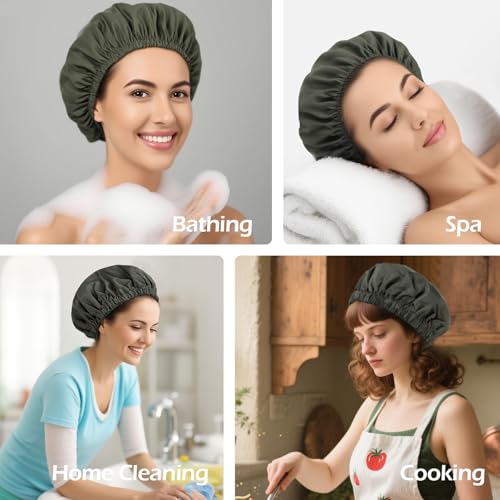 Shower Cap for Women Reusable Waterproof, Large Bath Cap with Elastic Band, Hair Caps for Long Hair and Braids, Green - color: Green