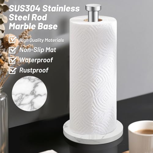 VEHHE Marble Paper Towel Holder for Kitchen Countertop, Standing Paper Towel Stand with Weighted Base & EVA Non-Slip Pad, for Bathroom or Kitchen (Silver) - color: Marble Base | Silver
