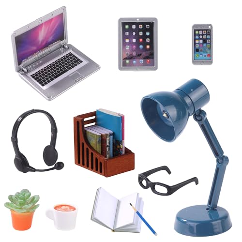 DIYDEC 17pcs Dollhouse Laptop Accessories 1:12 Scale Miniature Laptop Computer Tablet Phone Book Coffee Headset Pen Tiny Stuff Doll House Miniatures Play Figurines Accessories - color: Dollhouse Laptop Set