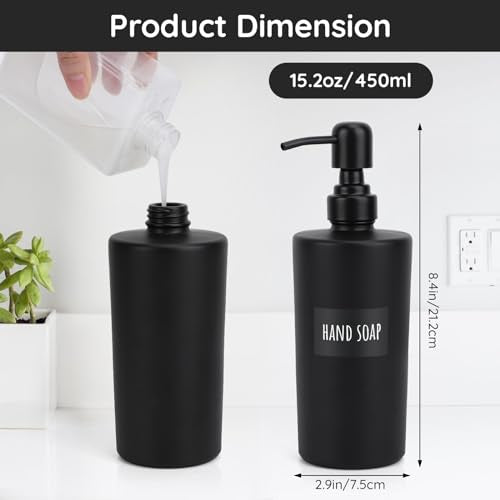 Segbeauty Glass Soap Dispenser Set, 2pcs 15.2oz Refillable Bathroom & Kitchen Dispensers, 450ml Black with Pump & Labels - color: Dark Black, size: 15.2oz/450ml