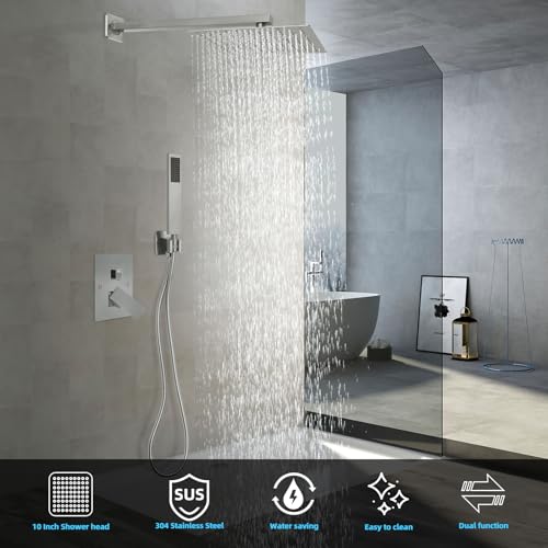 Bathroom Shower Faucet Set，10 Inch Rain Shower Head with Handheld Spray，Brass Shower Valve Trim Kit，Wall Mounted Square Rain Shower System (Brushed Nickel) - color: Brushed Nickel, size: 10 Inch Shower Head