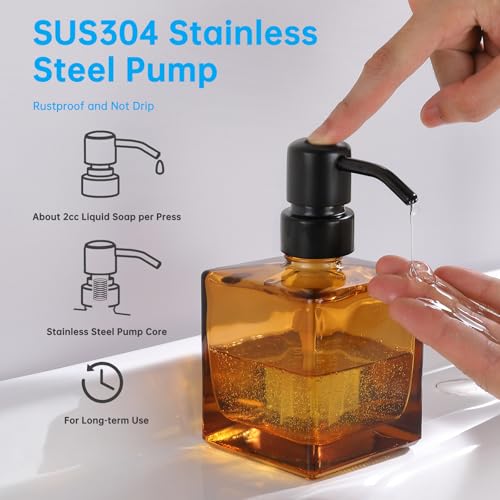 Square Bathroom Soap Dispenser Amber Bottle with Black Pump, Retangle Cube 8.4 oz Glass Bottles with Stainless Steel Pump Hand Liquid Soap Dispenser Kitchen - color: Amber and Black, size: 8.4oz-Square