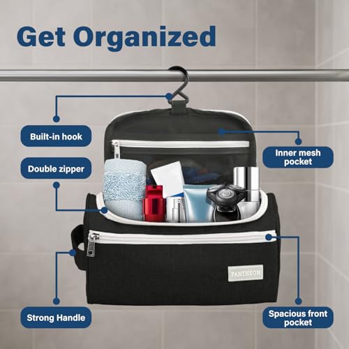 Pantheon Men's Toiletry Bag - Travel Toiletry Bag Wash Bag Hanging Dopp Kit Shaving Kit for Bathroom Shower - Mens Travel Bag Hanging Toiletry Organizer Toiletry Kit for Traveling (Black) | Hangs on a built-in hook; water-resistant Oxford cloth, mesh + zi