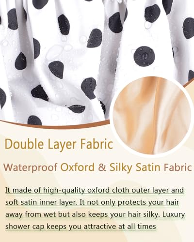 Luvruitaky Large Shower Caps for Women Reusable Waterproof Satin Lined Shower Cap with Adjustable Band Double Layer Design Luxury Washable Bath Hair Bonnet (Black Dot)