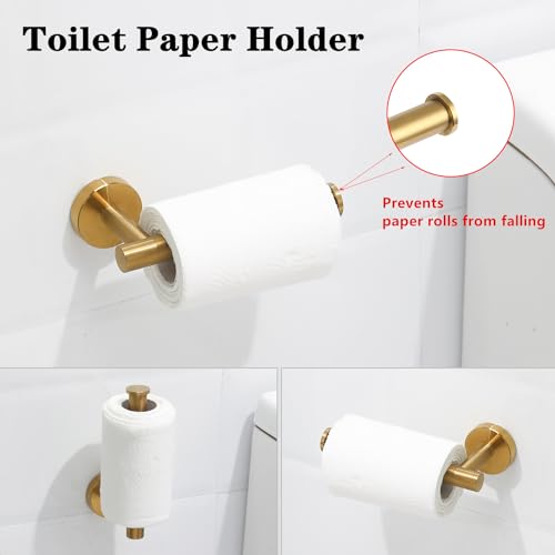 4 Piece Brushed Gold Stainless Steel Bathroom Hardware Set Include Hand Towel Ring, Toilet Paper Holder,and 2 Robe Towel Hooks,Bathroom Accessories Kit - color: Brushed Gold