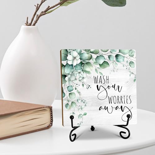 5" Bathroom Decor, Wash Your Worries Away Sign, Sage Green Bathroom Laundry Room Decor, Guest Bathroom Decoration, Farmhouse Home Toilet Bathroom Plaque Sign Table Shelf Decor-A05 - color: Wash Your Worries-05