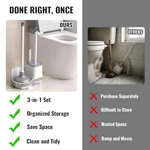 3-in-1 Toilet Brush and Plunger Set with Hidden Holder, Vented Stand & Drip Tray, Hangable or Freestanding, 360° Deep-Clean Brush Head + Gap Brush, Shatter-Resistant Handles（White）