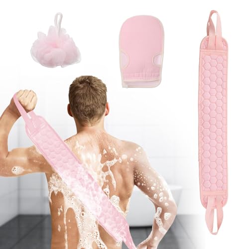 3 PCS Exfoliating Back Scrubber Strap Double Sided Bath Sponges Washer for Shower Deep Clean Towel Long Shower Towel,Pink - color: Pink