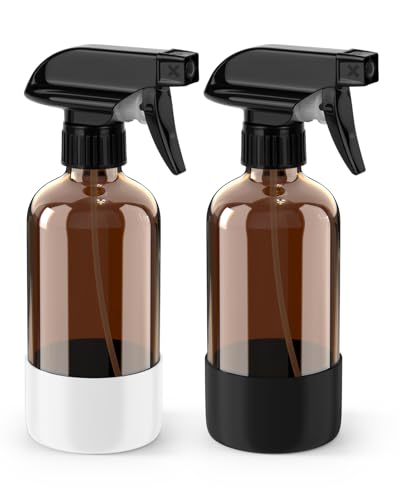 Bontip Glass Spray Bottle with Silicone Sleeve Protection, Amber Glass Spray Bottle Set for Window Cleaner Aromatherapy Facial Hydration Watering Flowers Hair Care 2 Pack/8 oz (Black & White) - color: Black & White, size: 8 Ounces
