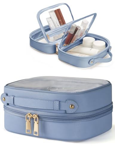 Clear Cosmetic Bag Double Layer Travel Toiletry Bag Clear Makeup Bag Case with 4 Compartments, Transparent Travel Bag for Toiletries, Large Toiletry Bag for Women Cosmetic Case (Dusty Blue, Small) - color: Dusty Blue, size: Small