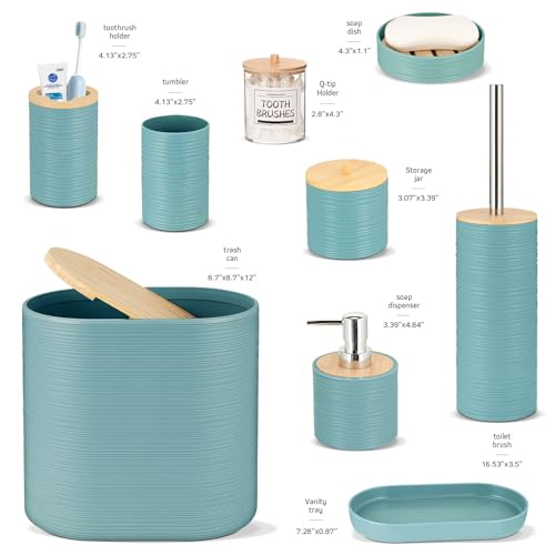 IMAVO Bathroom Accessories Set 11PCS,Complete Bathroom Organizer with Trash Can,Soap Dispenser,Toothbrush Holder,Toilet Brush & Qtip Holders,Modern Plastic Bathroom Decor for Home & Apartment (Blue) - color: Blue, size: 11 PCS Bathroom Set