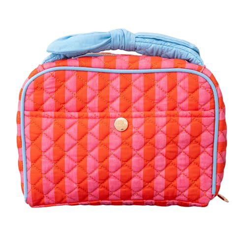 ban.do Quilted Toiletry Bag with Bow Handle, Stripes | Pink and Red Cosmetic Bag for Traveling, Spacious Organizer for Makeup with Interior Pockets and Zippers Closure