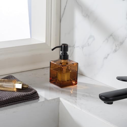 Square Bathroom Soap Dispenser Amber Bottle with Oil Rubbed Bronze Pump, Retangle Cube 8.4 oz Glass Bottles with Stainless Steel Pump Hand Liquid Soap Dispenser Kitchen - color: Amber and Oil Rubbed Bronze Pump, size: 8.4oz-Square