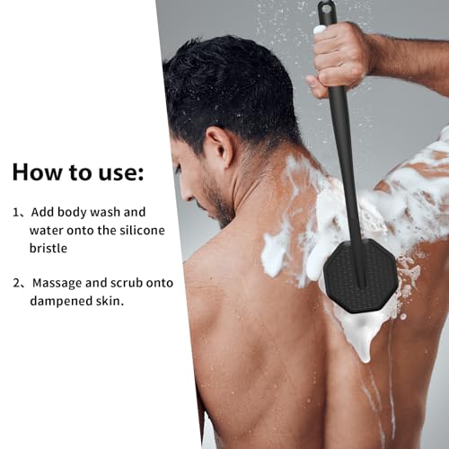 iTokGoK® Premium Silver-Infused Silicone Back Scrubber with Long Handle Back Brush for Shower,Back Brush Long Handle for Men and Women,Ergonomic No-Slip Handle, Long-Lasting (Black) - color: Black