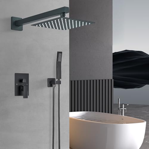 Shower Faucet Matte Black Shower System with 8 Inches Rain Shower Head and Handheld Spray Bathroom Luxury Rain Shower Faucet Set Complete Wall Mounted - color: Matte Black, size: Matte Black-8"